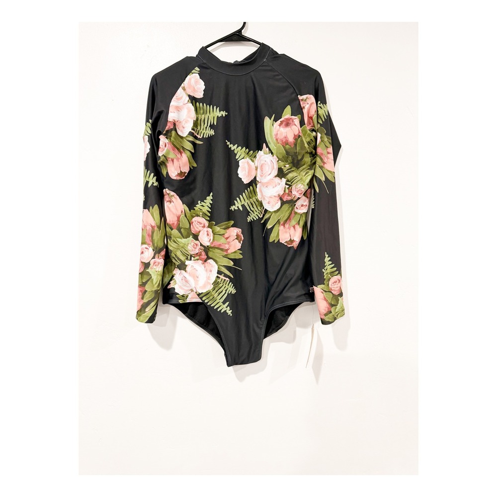 Carolina Long Sleeve Rash Guard One-Piece Swimsuit Floral Black Pink XXL NWT